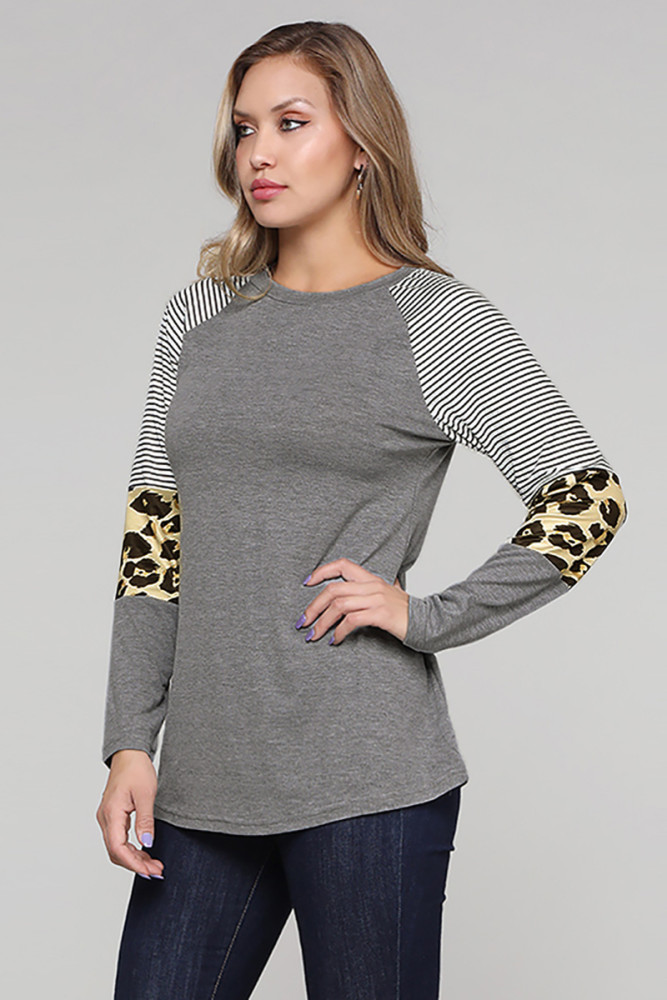 Gray Striped and Leopard Color Block Sleeves Top