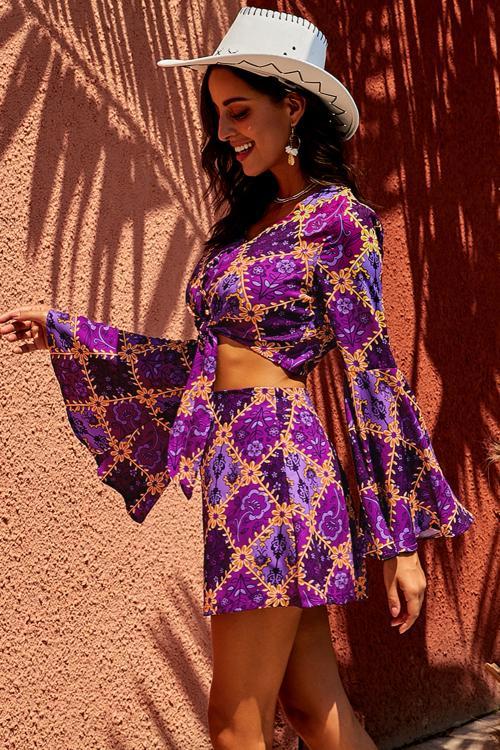 Purple Retro Bell Sleeve Front Knot 2 Pcs Dress