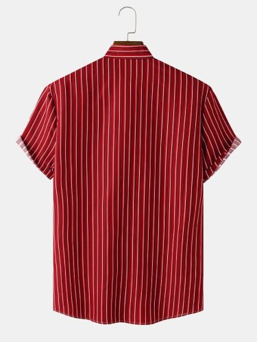 Mens Vertical Stripe Button Up Plain Casual Cotton Short Sleeve Shirts