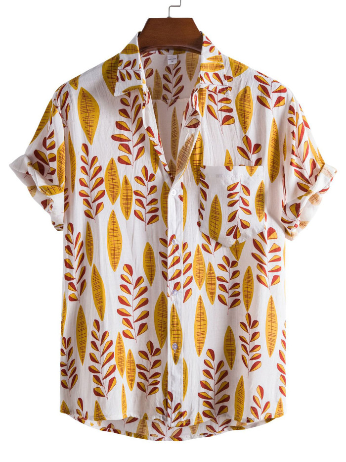 Men's casual leaves printed short-sleeved shirt