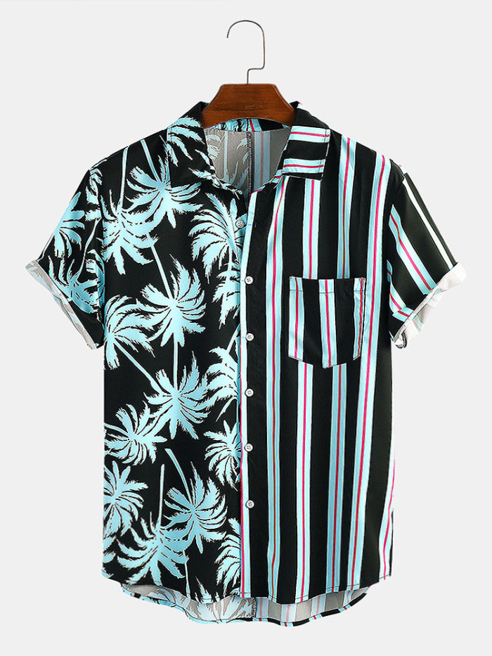 Men's maple leaf print stitching lapel short sleeve button down casual shirt