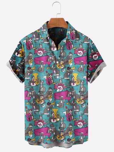 Mens Animal Rock Print Lapel Short Sleeve