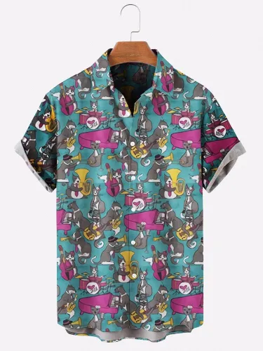 Mens Animal Rock Print Lapel Short Sleeve