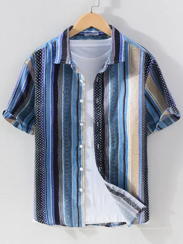 Men's Printed Patchwork National Style Short Sleeve Cotton Breathable Casual Loose Shirt
