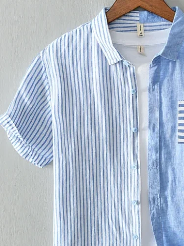 Men's Stripe Splicing Short Sleeve Cotton Breathable Casual Loose Shirt