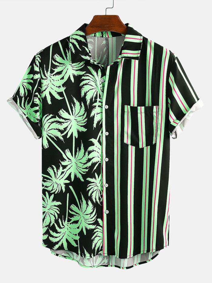 Men's maple leaf print stitching lapel short sleeve button down casual shirt