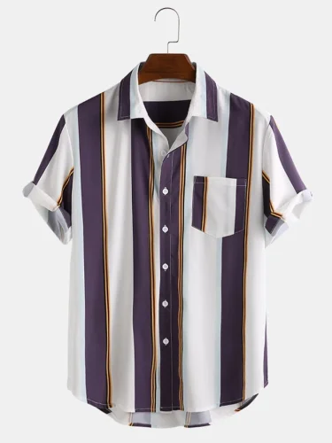 Men's Casual Striped Print Notch Collar Short Sleeve Shirts