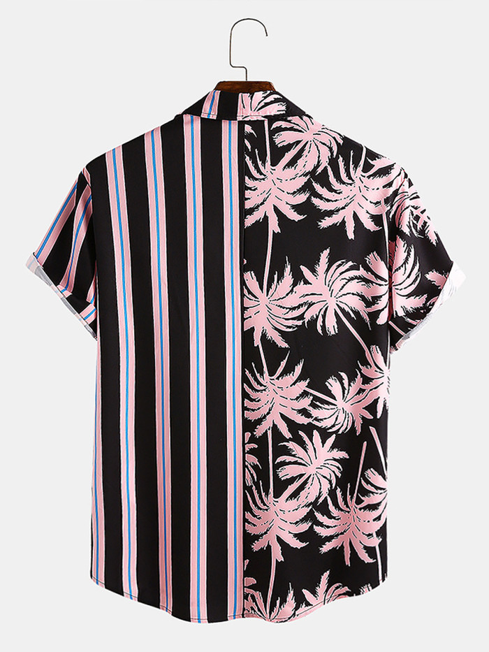 Men's maple leaf print stitching lapel short sleeve button down casual shirt
