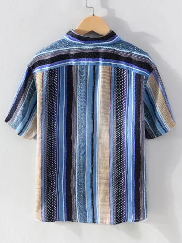 Men's Printed Patchwork National Style Short Sleeve Cotton Breathable Casual Loose Shirt