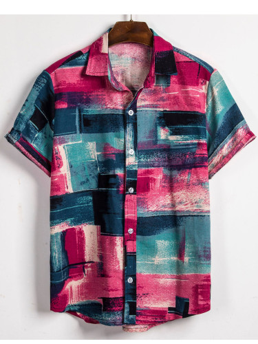 Men's printed lapel short-sleeved cotton casual shirt