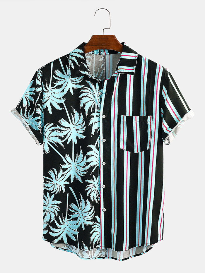 Men's maple leaf print stitching lapel short sleeve button down casual shirt