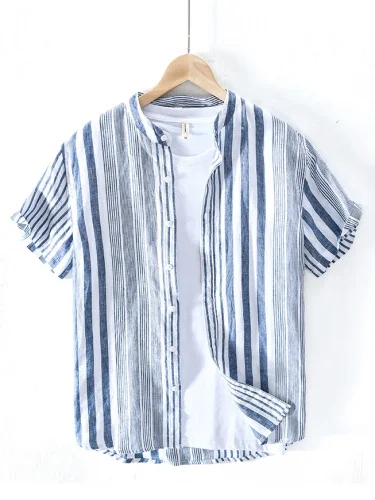 Men's Stripe Short Sleeve Cotton Breathable Casual Loose Shirt