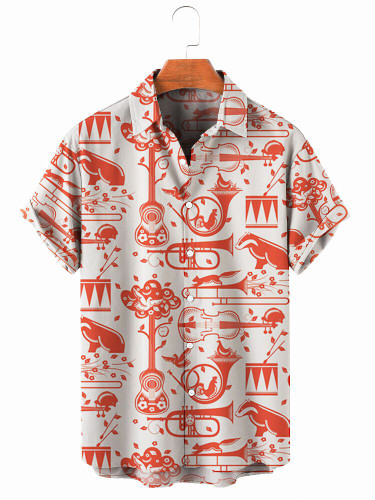 Mens Animal and Music Puzzle Short Sleeve Lapel Shirt