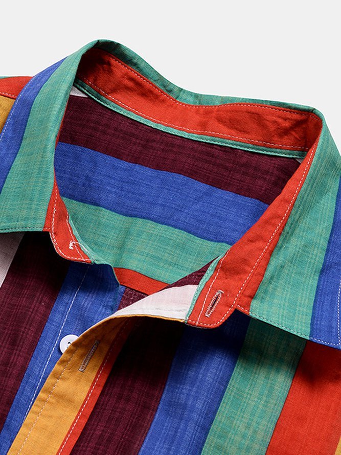 Men's Stripe National Style Short Sleeve Casual Loose Shirt