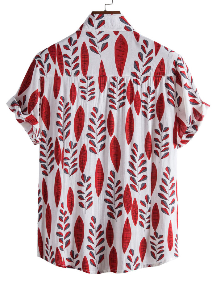 Men's casual leaves printed short-sleeved shirt