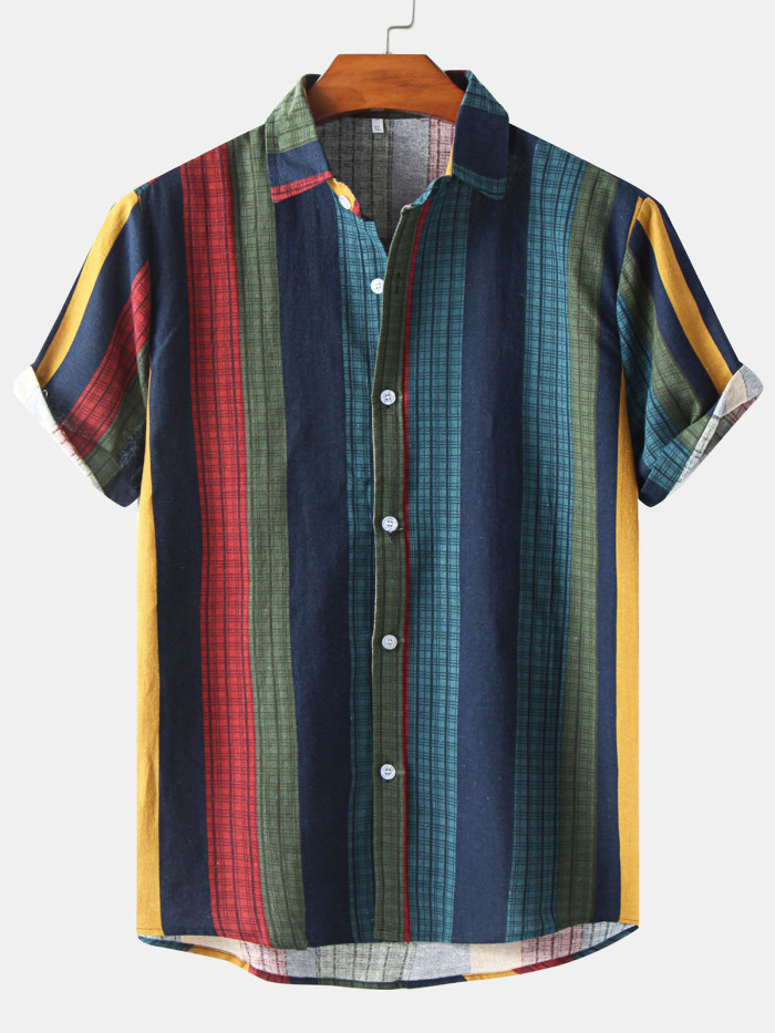 Mens Tribal Vintage Striped Shirt Collar Shirts