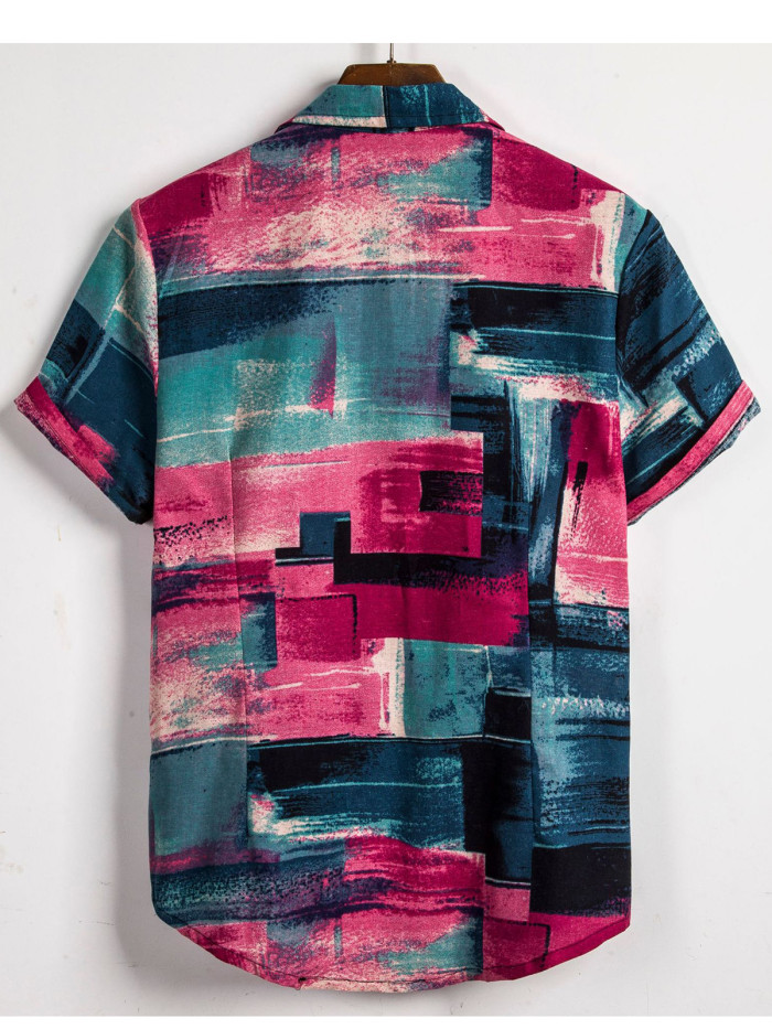 Men's printed lapel short-sleeved cotton casual shirt