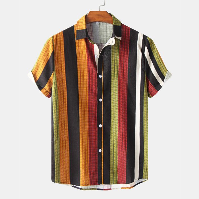 Mens Tribal Vintage Striped Shirt Collar Shirts