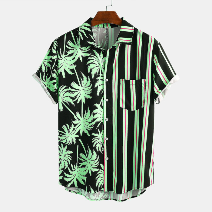 Men's maple leaf print stitching lapel short sleeve button down casual shirt