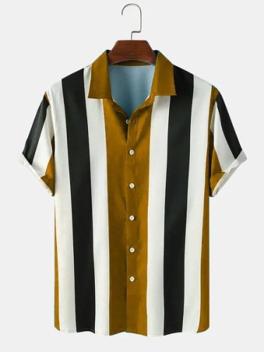 Men Striped Beach Casual Turn-down Collar Shirt