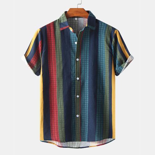 Mens Tribal Vintage Striped Shirt Collar Shirts