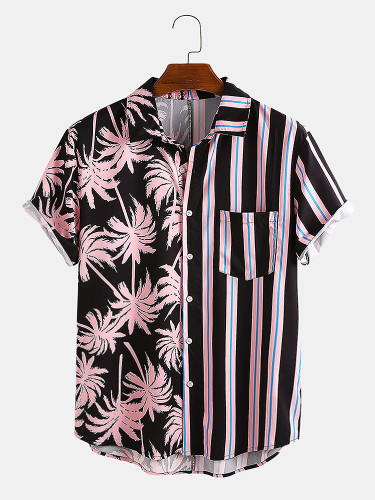 Men's maple leaf print stitching lapel short sleeve button down casual shirt