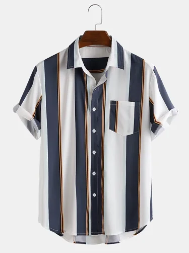 Men's Casual Striped Print Notch Collar Short Sleeve Shirts