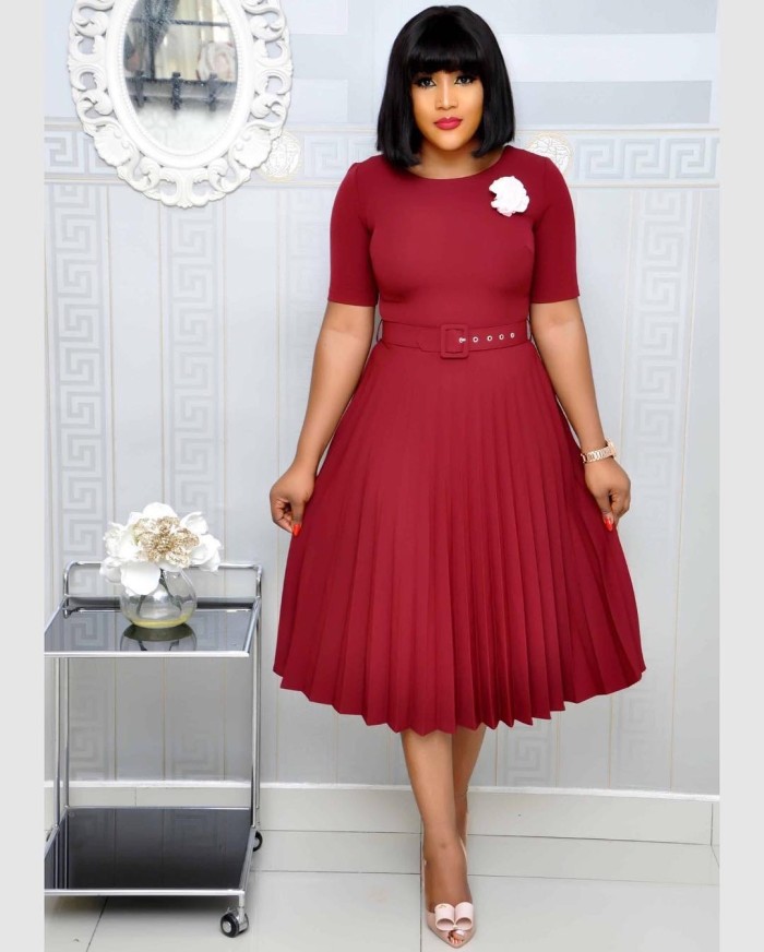 VITIANA Women Casual Pleated Dress Summer 2020 Female Short Sleeve O-Neck Green Midi Dresses Femme Office OL Vestidos With Belt