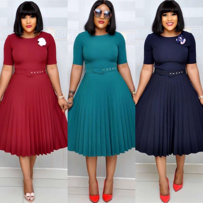 VITIANA Women Casual Pleated Dress Summer 2020 Female Short Sleeve O-Neck Green Midi Dresses Femme Office OL Vestidos With Belt