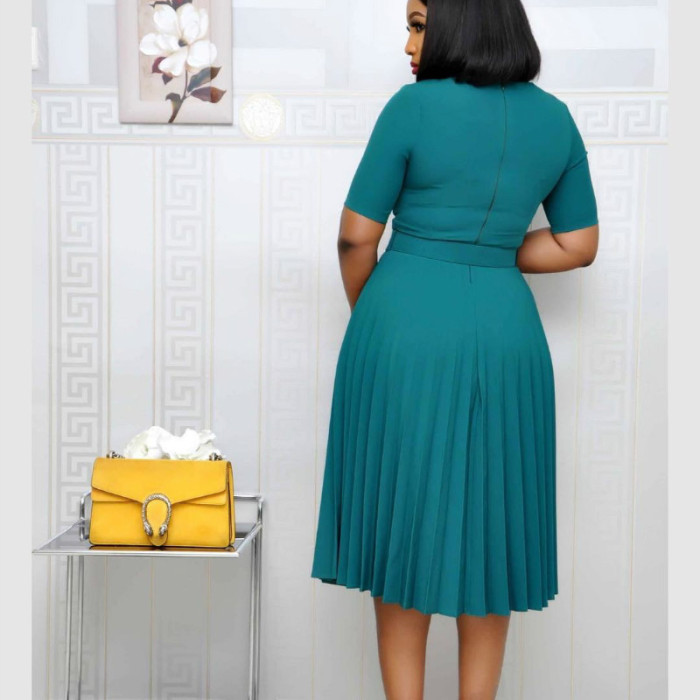 VITIANA Women Casual Pleated Dress Summer 2020 Female Short Sleeve O-Neck Green Midi Dresses Femme Office OL Vestidos With Belt