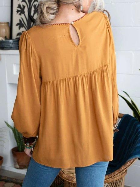 Cotton-Blend Long Sleeve Color-Block Crew Neck Shirts & Tops