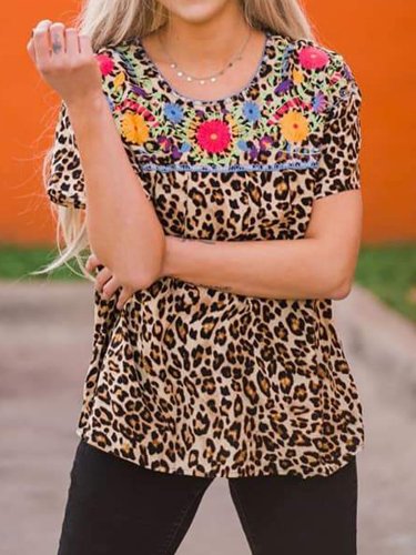 Vintage Leopard Crew Neck Short Sleeve Shirts & Tops