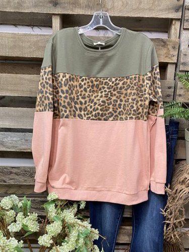 Round Neck Leopard Casual Shirts & Tops