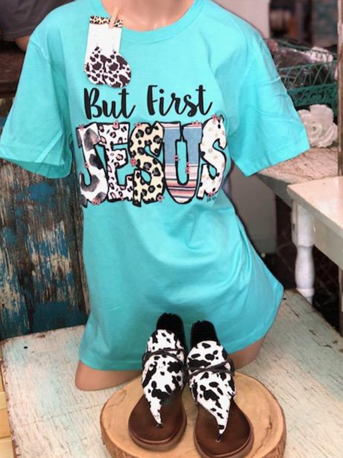 Short Sleeve Leopard Printed Crew Neck Shirts & Tops