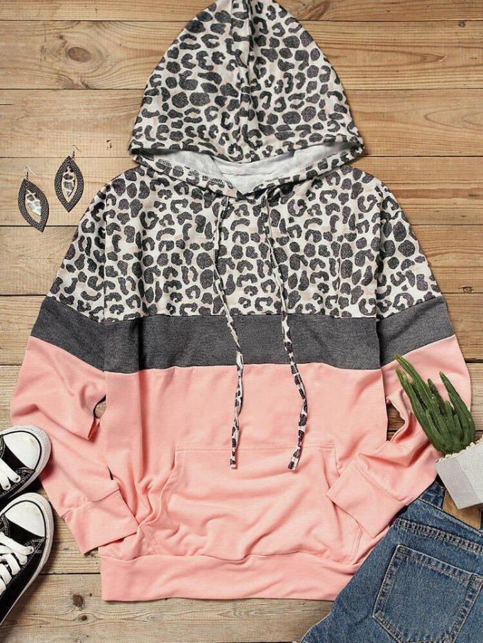 Color Block Leopard Splicing Kangaroo Pocket Hoodie