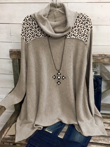 Cotton-Blend Long Sleeve Leopard Shirts & Tops