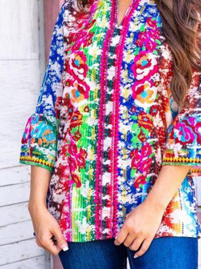 Floral 3/4 Sleeve Vintage Printed Shirts & Tops