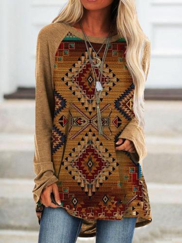 Geometric Round Neck Printed Long Sleeve Shirts & Tops