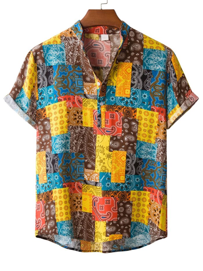 Men's Ethnic Patchwork Graphic Button Up Shirt