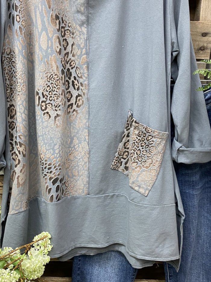 Long Sleeve Cotton-Blend Shift Leopard Shirts & Tops