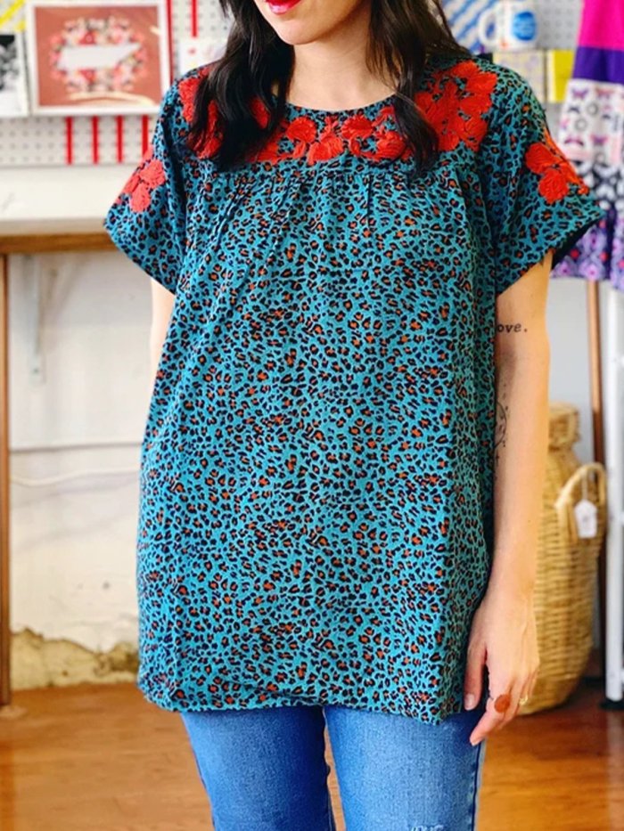Cotton-Blend Leopard Short Sleeve Ethnic Shirts & Tops