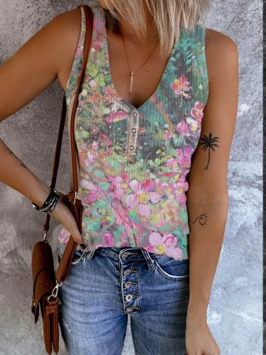 Crew Neck Sleeveless Cotton-Blend Floral Shirts & Tops