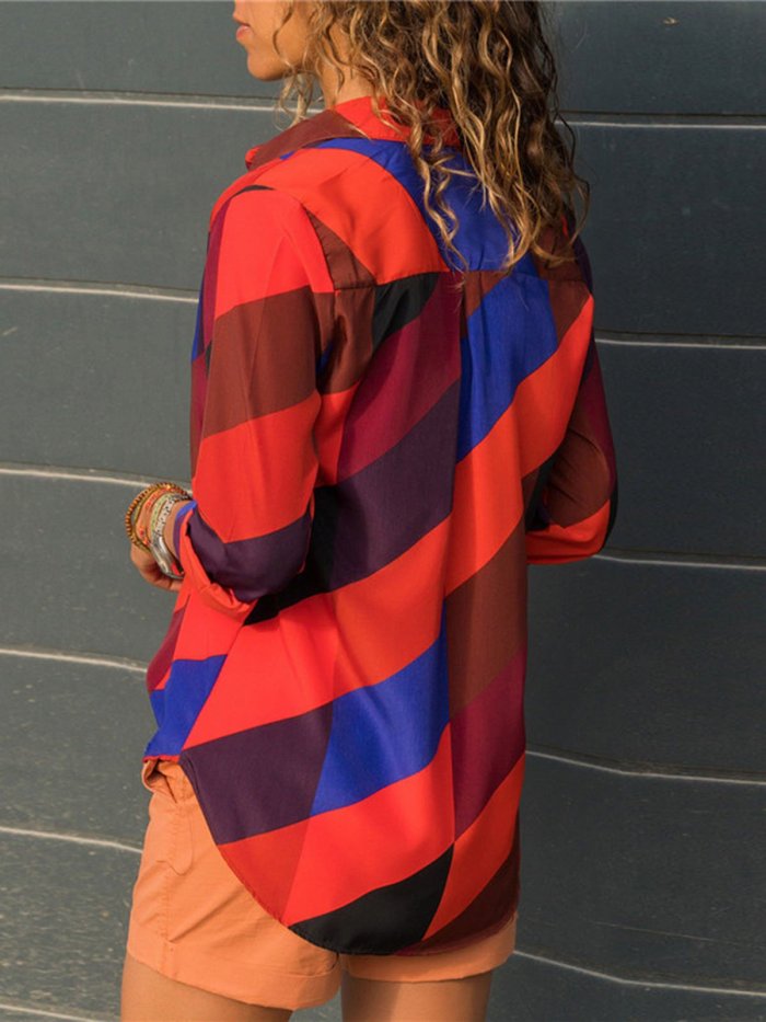 Stripe Printed Long Sleeve Casual Shirt Collar Blouses