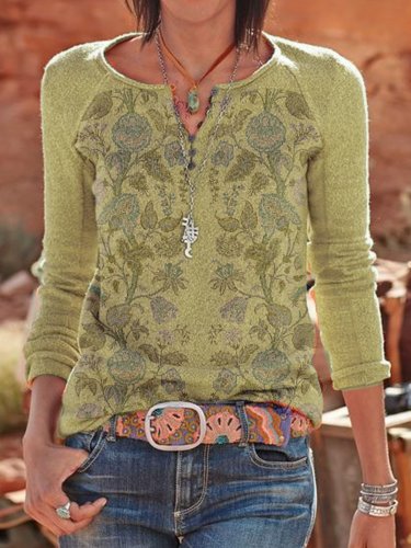 Printed Vintage Floral Long Sleeve Tops