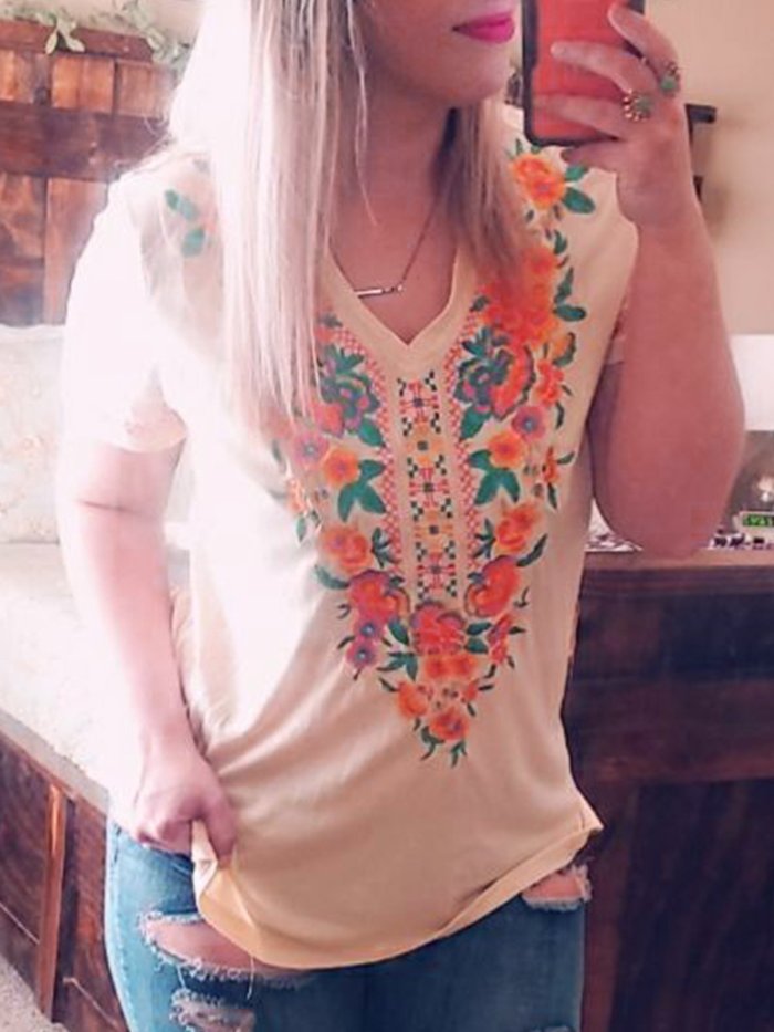 Vintage Printed Shift Short Sleeve Shirts & Tops