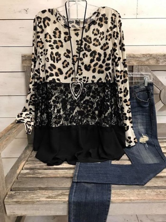 Casual Long Sleeve Round Neck Plus Size Printed Tops