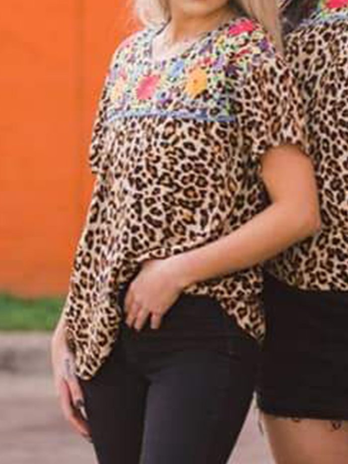 Vintage Leopard Crew Neck Short Sleeve Shirts & Tops