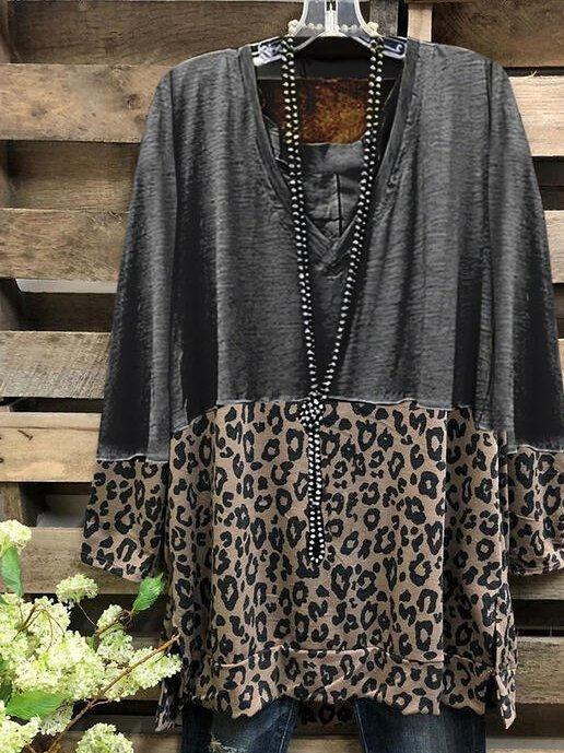 Color Block Leopard V-Neck Long Sleeves Casual Blouses