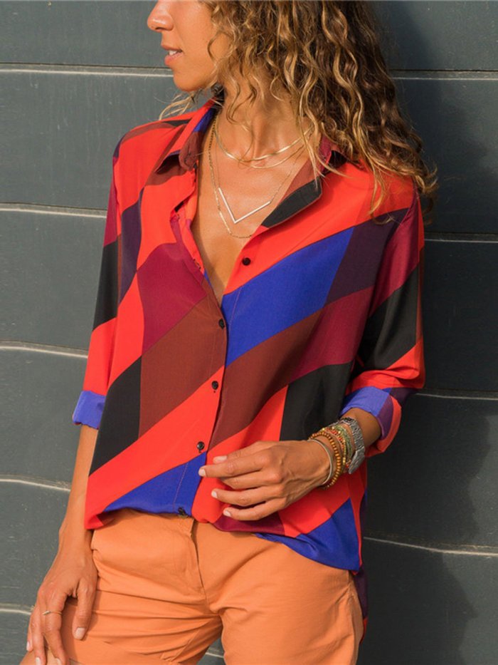 Stripe Printed Long Sleeve Casual Shirt Collar Blouses