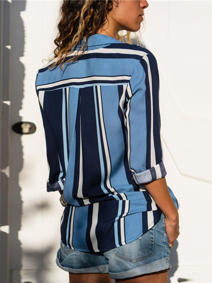 Stripe Printed Long Sleeve Casual Shirt Collar Blouses